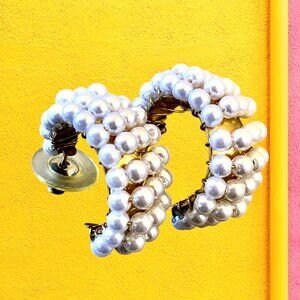 Faux Pearl Chunky Huggie Earrings Goldtone Half Hoops 4 Rows Posts Pierced Ears